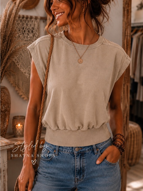Zenana Outfitters Tops - Zenana LT Mocha Acid Wash Sleeveless Cinch-Hem French Terry Tank Top